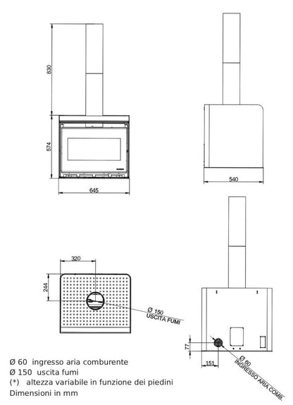 Palazzetti Asia 70S Stufa Legna Aria Naturale Riscaldamento Irraggiamento Potenza 9,7 Kw Rivestimento Acciaio Bianco Focolare Thermofix® Base Ghisa Forma Compatta Canalizzazione Esterna Aria Comburente Cassetto Cenere Uscita Fumi Superiore 64x54 H57 cm