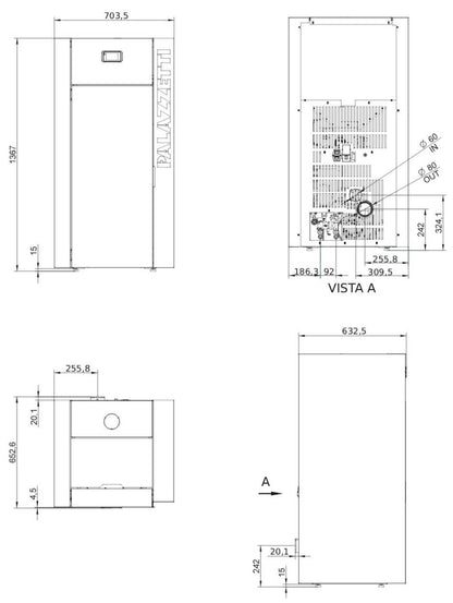 Palazzetti JPS TC 25 ACS Caldaia a Pellet Ermetica Potenza 23 Kw Focolare Turbolatori Gruppo Idraulico Display Digitale Programmabile Combustione Totale Sistema Autopulizia Totale Braciere Tubi Scambio Canalizzazione Esterna Aria Comburente 70x63 H137 cm