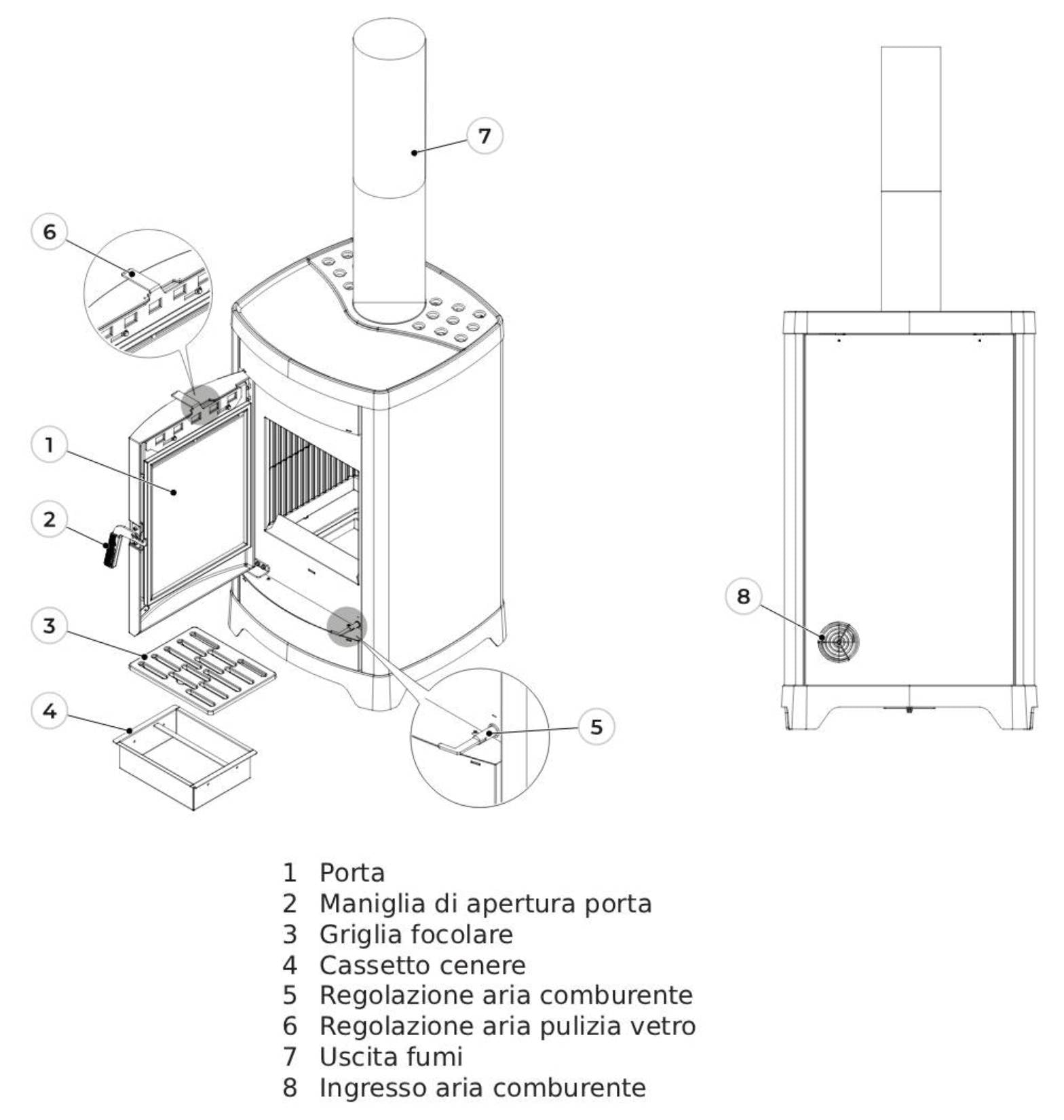 Palazzetti Charlotte Ceramica 10G Stufa Legna Aria Calda Convezione Naturale Riscaldamento Irraggiamento Potenza 10,4 Kw Rivestimento Colore Caffellatte Focolare Magnofix Basamento Ghisa Cassetto Cenere Estraibile Uscita Fumi Superiore 58x55 H95 cm