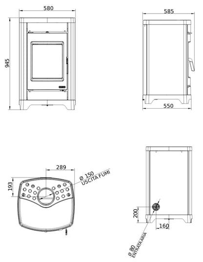 Palazzetti Charlotte Ceramica 10G Stufa Legna Aria Calda Convezione Naturale Riscaldamento Irraggiamento Potenza 10,4 Kw Rivestimento Colore Caffellatte Focolare Magnofix Basamento Ghisa Cassetto Cenere Estraibile Uscita Fumi Superiore 58x55 H95 cm