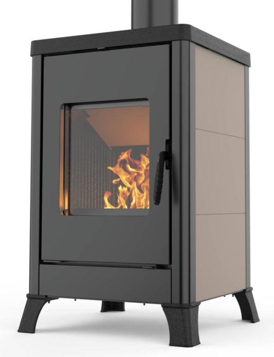 Palazzetti Dorotea Stufa a Legna Aria Calda Convezione Naturale Riscaldamento Irraggiamento Potenza 10,4 Kw Rivestimento Acciaio Caffellatte Focolare Ghisa Deflettore Tagliafuoco Refrattario Cassetto Cenere Estraibile Uscita Fumi Superiore 57x54 H87 cm