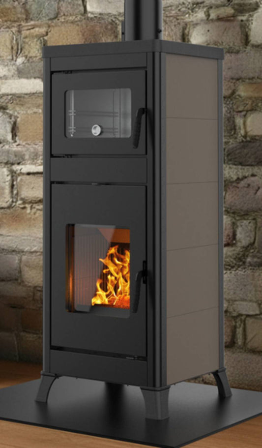 Palazzetti Dorotea Con Forno Stufa a Legna Aria Convezione Naturale Riscaldamento Irraggiamento Potenza 10 Kw Rivestimento Acciaio Caffellatte Focolare Ghisa Deflettore Tagliafuoco Refrattario Cassetto Cenere Estraibile Uscita Fumi Superiore 57x54 H153 cm