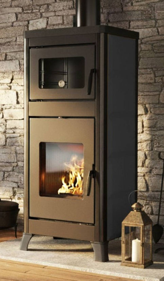 Palazzetti Dorotea Con Forno Stufa a Legna Aria Convezione Naturale Riscaldamento Irraggiamento Potenza 10 Kw Rivestimento Focolare Ghisa Deflettore Tagliafuoco Refrattario Cassetto Cenere Estraibile Camera Combustione Uscita Fumi Superiore 57x54 H153 cm