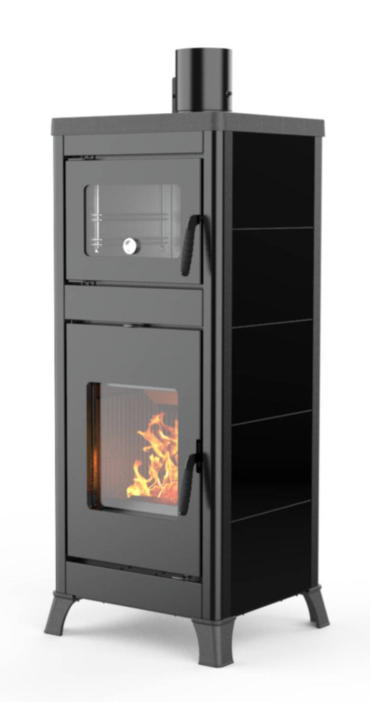 Palazzetti Dorotea Con Forno Stufa a Legna Aria Convezione Naturale Riscaldamento Irraggiamento Potenza 10 Kw Rivestimento Acciaio Colore Nero Focolare Ghisa Deflettore Tagliafuoco Refrattario Cassetto Cenere Estraibile Uscita Fumi Superiore 57x54 H153 cm