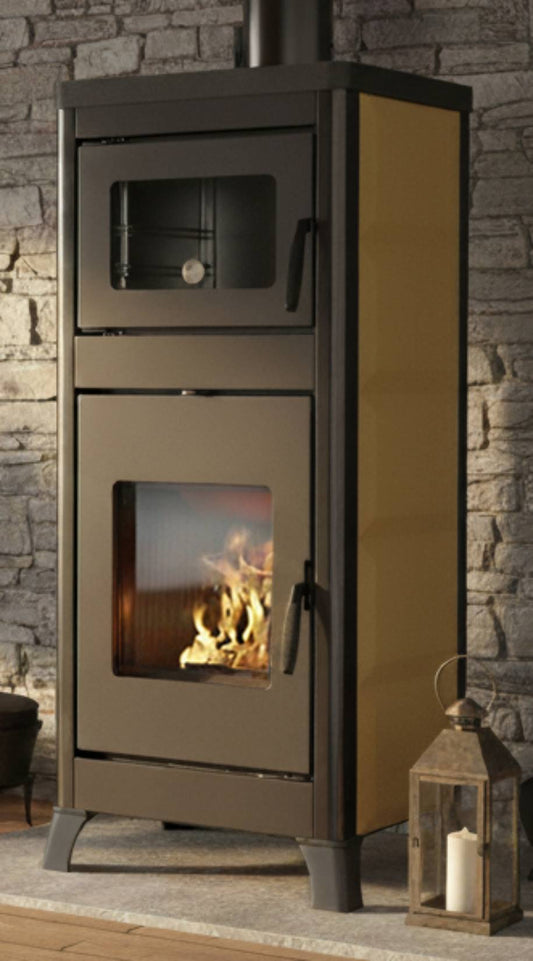 Palazzetti Dorotea Con Forno Stufa a Legna Aria Convezione Naturale Riscaldamento Irraggiamento Potenza 10 Kw Rivestimento Ceramica Panna Lucido Focolare Ghisa Deflettore Tagliafuoco Refrattario Cassetto Estraibile Uscita Fumi Superiore 57x54 H153 cm
