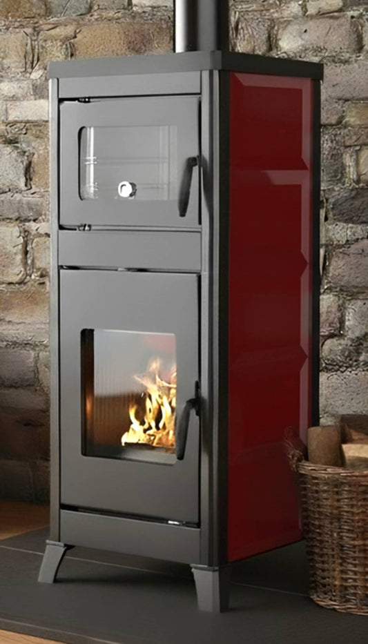 Palazzetti Dorotea Con Forno Stufa a Legna Aria Convezione Naturale Riscaldamento Irraggiamento Potenza 10 Kw Rivestimento Ceramica Rosso Bordeaux Focolare Ghisa Deflettore Tagliafuoco Refrattario Cassetto Estraibile Uscita Fumi Superiore 57x54 H153 cm