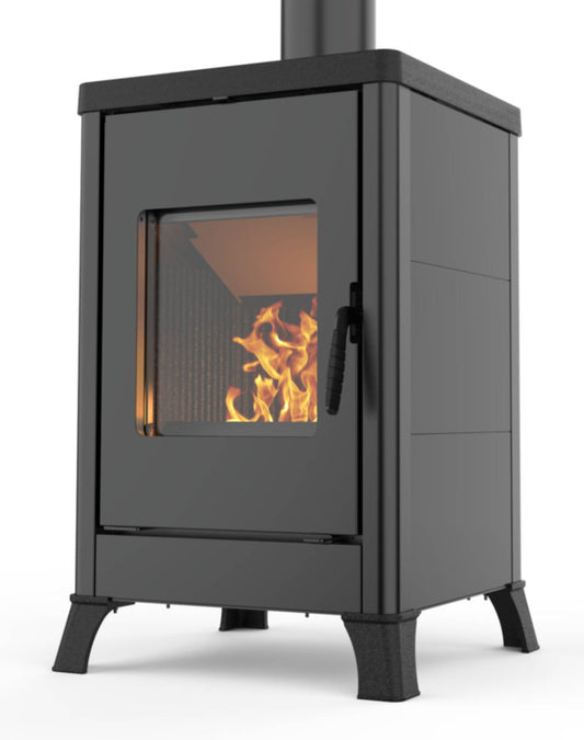 Palazzetti Dorotea Stufa Legna Aria Calda Convezione Naturale Riscaldamento Irraggiamento Potenza 10,4 Kw Rivestimento Acciaio Colore Nero Focolare Ghisa Deflettore Tagliafuoco Refrattario Cassetto Cenere Estraibile Uscita Fumi Superiore 57x54 H87 cm