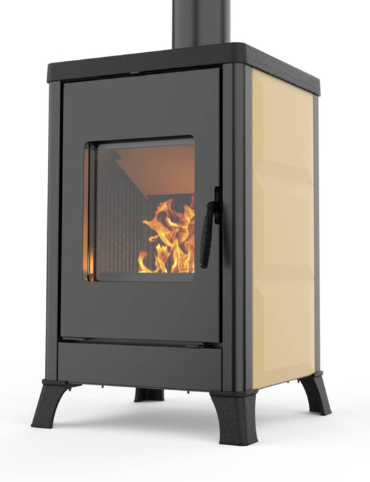 Palazzetti Dorotea Stufa Legna Aria Calda Convezione Naturale Riscaldamento Irraggiamento Potenza 10,4 Kw Rivestimento Ceramica Panna Lucido Focolare Ghisa Deflettore Tagliafuoco Refrattario Cassetto Cenere Estraibile Uscita Fumi Superiore 57x54 H87 cm