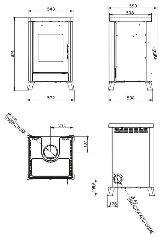Palazzetti Dorotea Stufa Legna Aria Calda Convezione Naturale Riscaldamento Irraggiamento Potenza 10,4 Kw Rivestimento Ceramica Rosso Bordeaux Focolare Ghisa Deflettore Tagliafuoco Refrattario Cassetto Cenere Estraibile Uscita Fumi Superiore 57x54 H87 cm