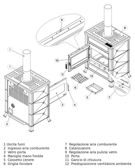 Palazzetti Elsa 70SP Stufa a Legna Aria Calda Convezione Naturale Riscaldamento Irraggiamento Canalizzabile Potenza 9,4 Kw Rivestimento in Ceramica Colore Caffellatte Focolare Refrattario Thermofix Catalizzatore O2Brick Uscita Fumi Superiore 80x56 H100 cm