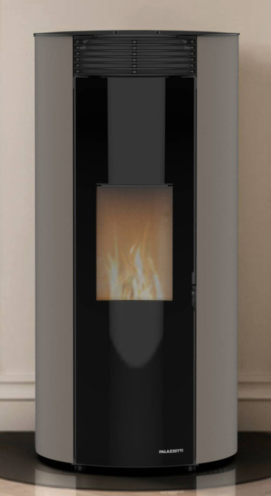 Palazzetti Emily TC 6 Stufa a Pellet Ermetica ad Aria Calda Ventilata Regolabile Potenza 6 Kw Rivestimento Acciaio Colore Tortora Forma Circolare Uscita Fumi Posteriore Doppio Vetro Combustione Totale Pulizia Automatica Braciere Cassetto L53xP53xH110 cm