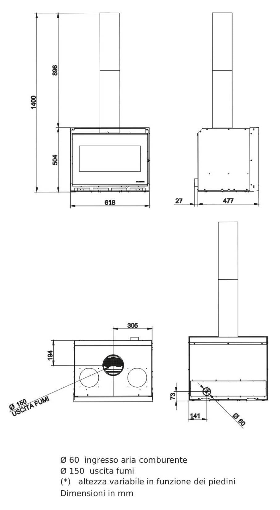 Palazzetti Ecopalex GTM70SP Inserto Camino Caminetto Da Inserimento Legna Aria Calda Convezione Naturale Canalizzabile Potenza 9,4Kw Focolare Thermofix® Catalizzatore O2Brick Base Ghisa Maniglia Amovibile Cassetto Cenere Deflettore Fumi Misura 62x50x50 cm