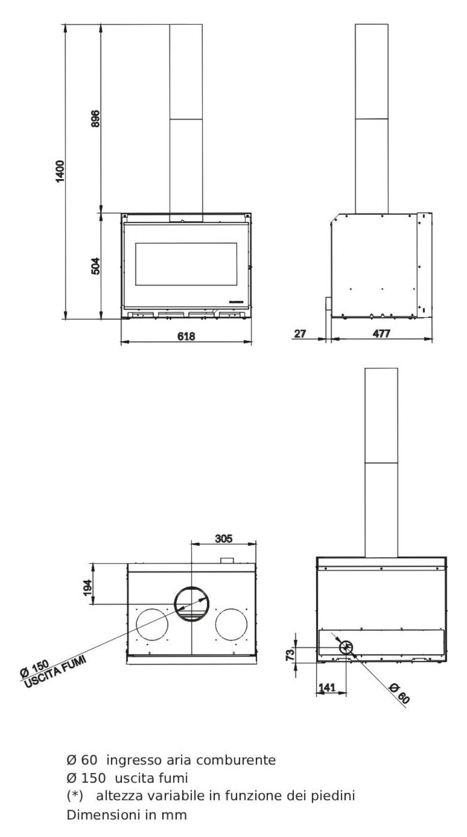 Palazzetti Ecopalex GTM70S Inserto Camino Caminetto Da Inserimento Legna Aria Calda Convezione Naturale Canalizzabile Potenza 9,7Kw Focolare Thermofix® Base Ghisa Maniglia Amovibile Cassetto Cenere Estraibile Deflettore Fumi Automatico Misura 62x50x50 cm