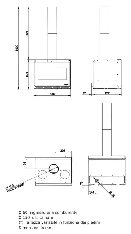 Palazzetti Ecopalex GTM70S Inserto Camino Caminetto Da Inserimento Legna Aria Calda Convezione Naturale Canalizzabile Potenza 9,7Kw Focolare Thermofix® Base Ghisa Maniglia Amovibile Cassetto Cenere Estraibile Deflettore Fumi Automatico Misura 62x50x50 cm