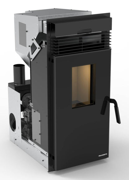 Palazzetti Inserto KPE8 Focolare Pellet Aria Calda Ventilata Frontale Canalizzato 2 Ventilatori 8 Kw Inserimento Camino Porta Autobilanciante Display Digitale Gestione Impostazione Fasce Orarie Braciere Ghisa Combustione Totale Sensore Livello 45x68 H98cm