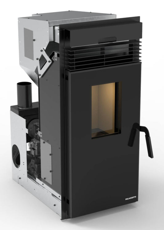 Palazzetti Inserto KPE8 Focolare Pellet Aria Calda Ventilata Frontale Canalizzato 2 Ventilatori 8 Kw Inserimento Camino Porta Autobilanciante Display Digitale Gestione Impostazione Fasce Orarie Braciere Ghisa Combustione Totale Sensore Livello 45x68 H98cm