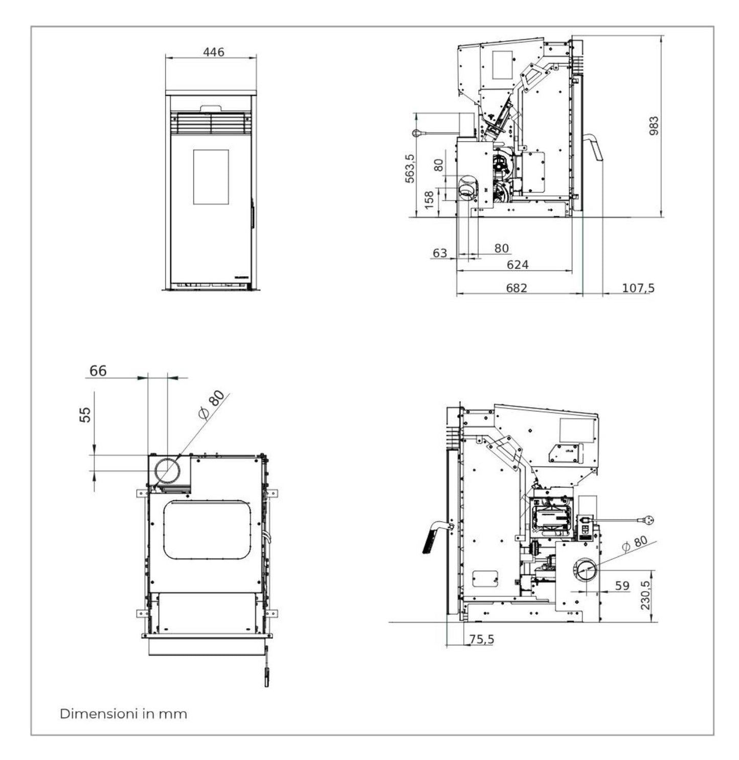 Palazzetti Inserto KPE8 Focolare Pellet Aria Calda Ventilata Frontale Canalizzato 2 Ventilatori 8 Kw Inserimento Camino Porta Autobilanciante Display Digitale Gestione Impostazione Fasce Orarie Braciere Ghisa Combustione Totale Sensore Livello 45x68 H98cm