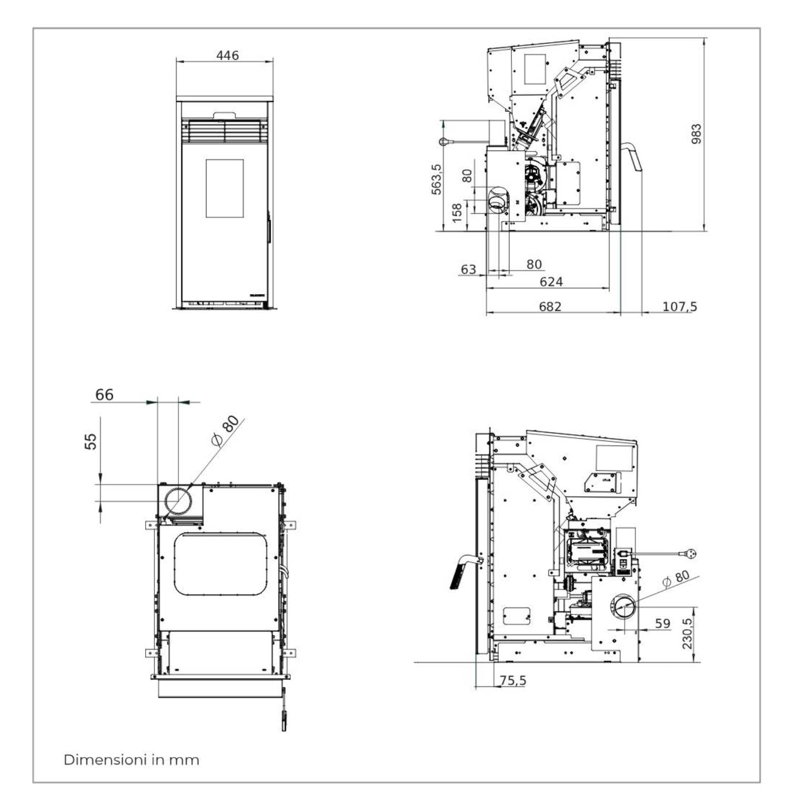 Palazzetti Inserto KPE8 Focolare Pellet Aria Calda Ventilata Frontale Canalizzato 2 Ventilatori 8 Kw Inserimento Camino Porta Autobilanciante Display Digitale Gestione Impostazione Fasce Orarie Braciere Ghisa Combustione Totale Sensore Livello 45x68 H98cm