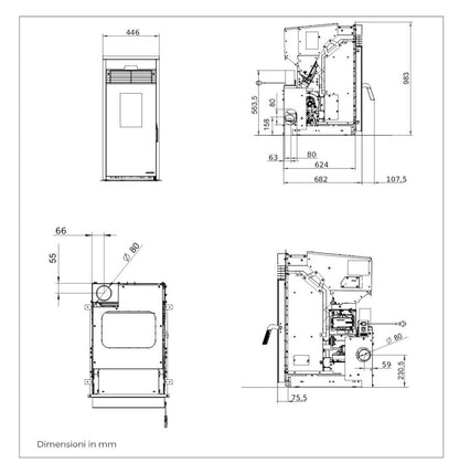Palazzetti Inserto KPE8 Focolare Pellet Aria Calda Ventilata Frontale Canalizzato 2 Ventilatori 8 Kw Inserimento Camino Porta Autobilanciante Display Digitale Gestione Impostazione Fasce Orarie Braciere Ghisa Combustione Totale Sensore Livello 45x68 H98cm