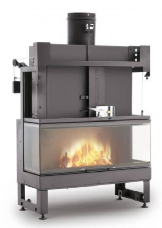 Palazzetti Ecomonoblocco S16:9 3D Camino Legna Riscaldamento Aria Calda Convezione Naturale Irraggiamento Canalizzabile Potenza 20,9 Kw Focolare Refrattario Thermofix® Apertura Vetro Scorrevole Tridimensionale Visione Fiamma 3 Lati Misura 104x63 H158 cm