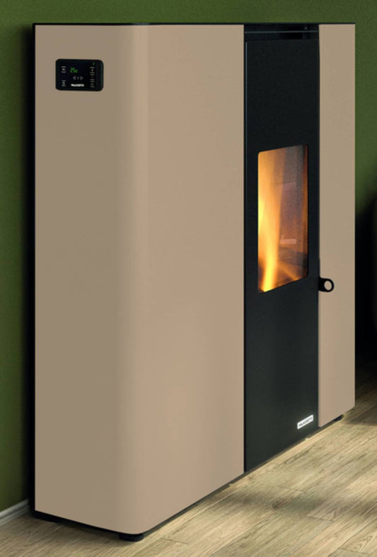Palazzetti Scarlet TC 9 Stufa a Pellet Salvaspazio Ermetica ad Aria Calda Ventilata Regolabile Canalizzabile Potenza 9 Kw Rivestimento Acciaio Colore Avorio Forma Slim Uscita Fumi Posteriore Pannello Digitale Combustione Totale Cassetto 89x29 H104 cm