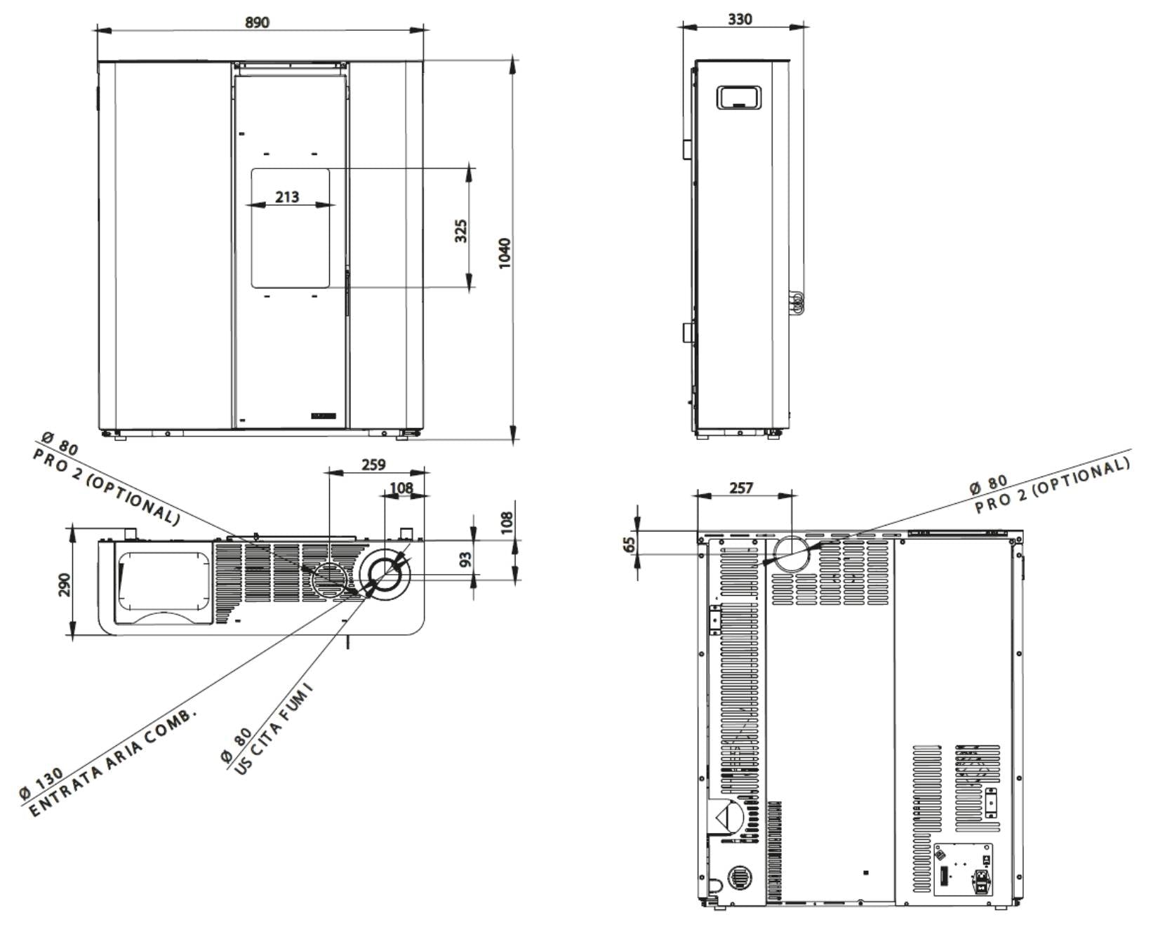 Palazzetti Scarlet Lux TC 6 US Stufa a Pellet Salvaspazio Ermetica Aria Calda Ventilata Regolabile Canalizzabile Potenza 6,1 Kw Rivestimento Vetro Acciaio Nero Forma Slim Uscita Fumi Posteriore Pannello Digitale Combustione Totale Cassetto 89x29 H104 cm