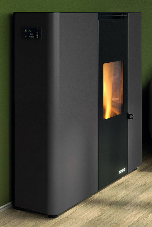 Palazzetti Scarlet TC 9 Stufa a Pellet Salvaspazio Ermetica ad Aria Calda Ventilata Regolabile Canalizzabile Potenza 9 Kw Rivestimento Acciaio Colore Nero Forma Slim Uscita Fumi Posteriore Pannello Digitale Combustione Totale Cassetto 89x29 H104 cm