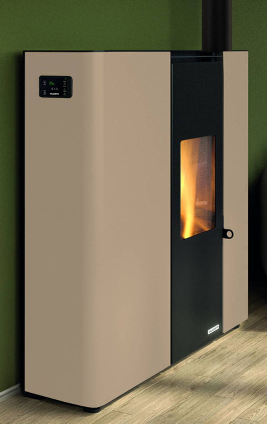 Palazzetti Scarlet TC 6 US Stufa a Pellet Salvaspazio Ermetica ad Aria Calda Ventilata Regolabile Canalizzabile Potenza 6,1 Kw Rivestimento Acciaio Colore Avorio Forma Slim Uscita Fumi Posteriore Pannello Digitale Combustione Totale Cassetto 89x29 H104 cm