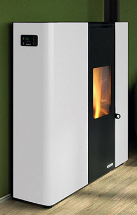 Palazzetti Scarlet TC 6 US Stufa a Pellet Salvaspazio Ermetica ad Aria Calda Ventilata Regolabile Canalizzabile Potenza 6,1 Kw Rivestimento Acciaio Colore Bianco Forma Slim Uscita Fumi Posteriore Pannello Digitale Combustione Totale Cassetto 89x29 H104 cm