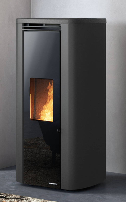 Palazzetti Theo TC 6 Stufa a Pellet Ermetica ad Aria Calda Ventilata Canalizzabile Potenza 6 Kw Rivestimento Acciaio Colore Antracite Forma Circolare Uscita Fumi Posteriore Doppio Vetro Combustione Totale Pulizia Automatica Braciere Cassetto 52x54 H110 cm