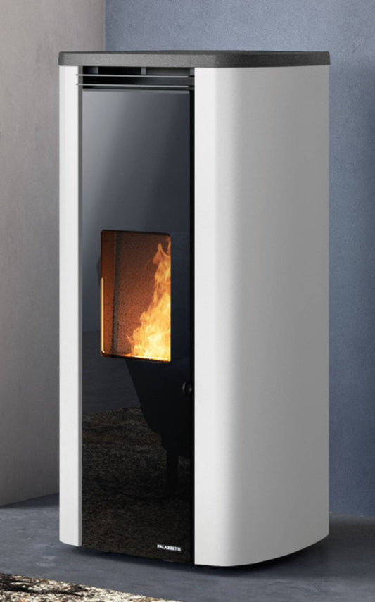 Palazzetti Theo TC 9 Stufa a Pellet Ermetica ad Aria Calda Ventilata Canalizzabile Potenza 9 Kw Rivestimento Acciaio Colore Bianco Forma Circolare Uscita Fumi Posteriore Doppio Vetro Combustione Totale Pulizia Automatica Braciere Cassetto 52x54 H110 cm