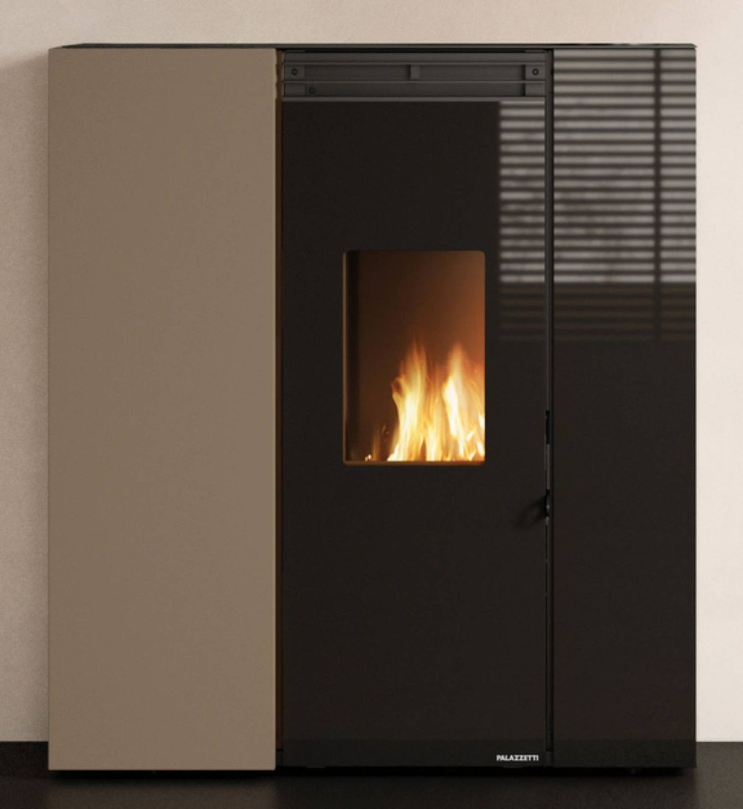 Palazzetti Tiffany TC Aria 10 Stufa a Pellet Salvaspazio Ermetica Ventilata Regolabile Canalizzabile Potenza 10,2 Kw Rivestimento Acciaio Caffellatte Forma Slim Uscita Fumi Posteriore Pannello Digitale Combustione Totale Cassetto Braciere 101x34 H117 cm