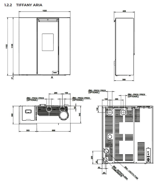 Palazzetti Tiffany TC Aria 13 Stufa a Pellet Salvaspazio Ermetica Ventilata Regolabile Canalizzabile Potenza 12,7 Kw Rivestimento Acciaio Colore Nero Forma Slim Uscita Fumi Posteriore Pannello Digitale Combustione Totale Cassetto Braciere 101x34 H117 cm