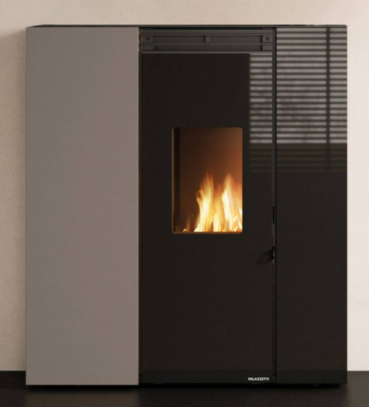 Palazzetti Tiffany TC Aria 10 Stufa a Pellet Salvaspazio Ermetica Ventilata Regolabile Canalizzabile Potenza 10,2 Kw Rivestimento Acciaio Colore Tortora Forma Slim Uscita Fumi Posteriore Pannello Digitale Combustione Totale Cassetto Braciere 101x34 H117cm