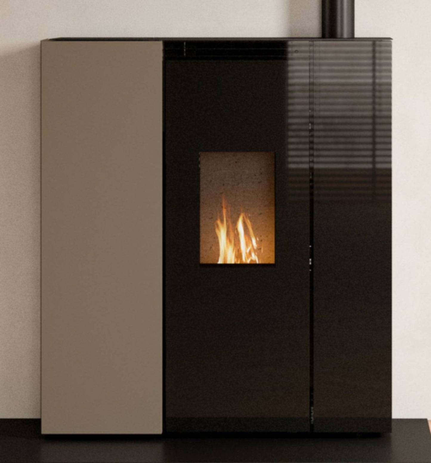 Palazzetti Tiffany TC Aria 10 US Stufa Pellet Salvaspazio Ermetica Ventilata Regolabile Canalizzabile Potenza 10,2 Kw Rivestimento Acciaio Caffellatte Forma Slim Uscita Fumi Superiore Pannello Digitale Combustione Totale Cassetto Braciere 101x34 H117 cm