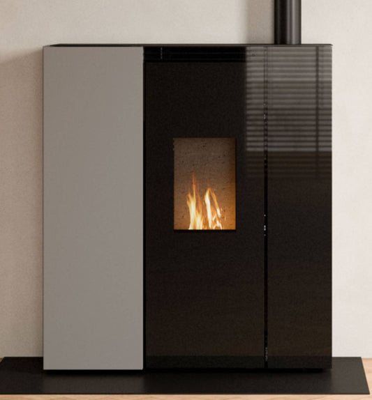 Palazzetti Tiffany TC Aria 10 US Stufa Pellet Salvaspazio Ermetica Ventilata Regolabile Canalizzabile Potenza 10,2 Kw Rivestimento Acciaio Colore Tortora Forma Slim Uscita Fumi Superiore Pannello Digitale Combustione Totale Cassetto Braciere 101x34 H117cm