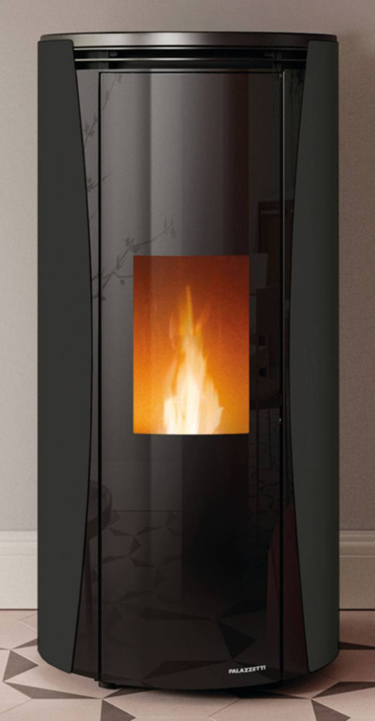Palazzetti Vivi TC 6 Stufa a Pellet Ermetica ad Aria Calda Ventilata Canalizzabile Potenza 6 Kw Rivestimento Acciaio Colore Nero Forma Circolare Uscita Fumi Posteriore Doppio Vetro Combustione Totale Pulizia Automatica Braciere Cassetto 52x52 H110 cm