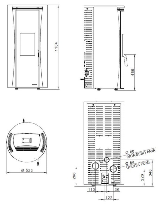 Palazzetti Vivi TC 6 Stufa a Pellet Ermetica ad Aria Calda Ventilata Canalizzabile Potenza 6 Kw Rivestimento Acciaio Colore Nero Forma Circolare Uscita Fumi Posteriore Doppio Vetro Combustione Totale Pulizia Automatica Braciere Cassetto 52x52 H110 cm