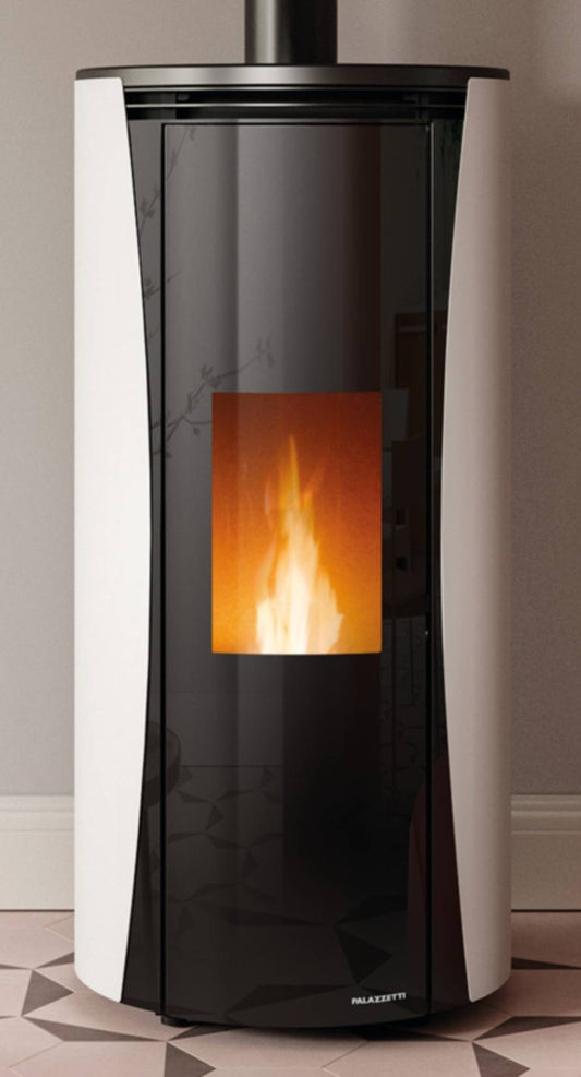 Palazzetti Vivi TC 9 US Stufa a Pellet Ermetica ad Aria Calda Ventilata Canalizzabile Potenza 9 Kw Rivestimento Acciaio Colore Bianco Forma Circolare Uscita Fumi Superiore Doppio Vetro Combustione Totale Pulizia Automatica Braciere Cassetto 52x52 H110 cm