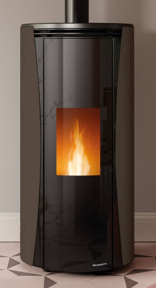 Palazzetti Vivi TC 6 US Stufa a Pellet Ermetica ad Aria Calda Ventilata Canalizzabile Potenza 6 Kw Rivestimento Acciaio Colore Moka Forma Circolare Uscita Fumi Superiore Doppio Vetro Combustione Totale Pulizia Automatica Braciere Cassetto 52x52 H110 cm