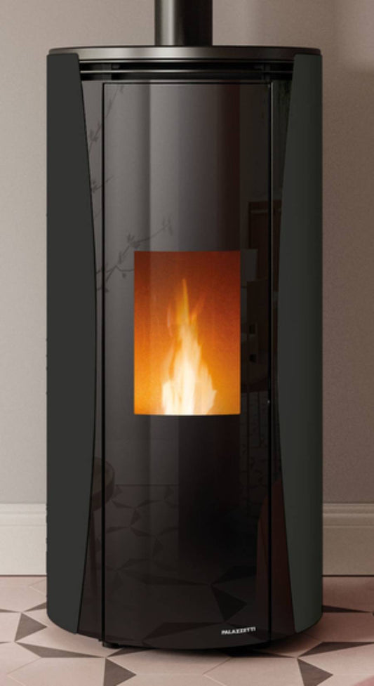 Palazzetti Vivi TC 9 US Stufa a Pellet Ermetica ad Aria Calda Ventilata Canalizzabile Potenza 9 Kw Rivestimento Acciaio Colore Nero Forma Circolare Uscita Fumi Superiore Doppio Vetro Combustione Totale Pulizia Automatica Braciere Cassetto 52x52 H110 cm