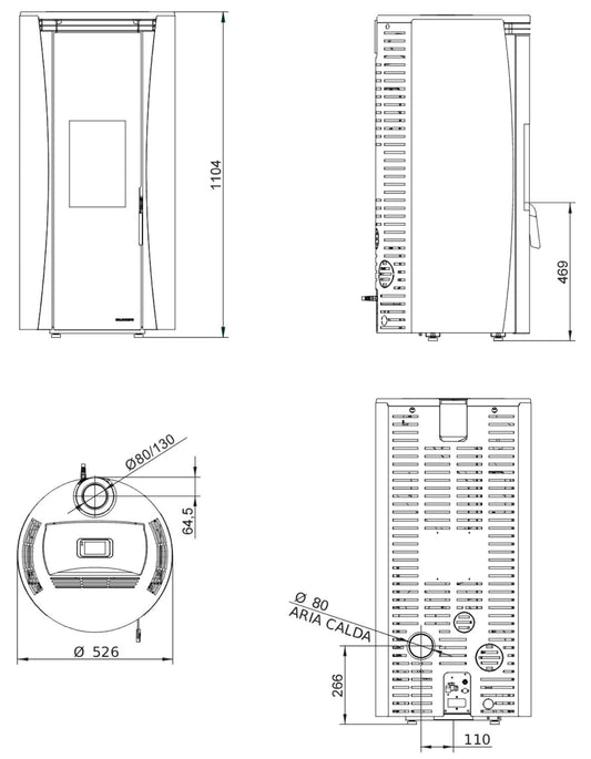 Palazzetti Vivi TC 6 US Stufa a Pellet Ermetica ad Aria Calda Ventilata Canalizzabile Potenza 6 Kw Rivestimento Acciaio Colore Nero Forma Circolare Uscita Fumi Superiore Doppio Vetro Combustione Totale Pulizia Automatica Braciere Cassetto 52x52 H110 cm