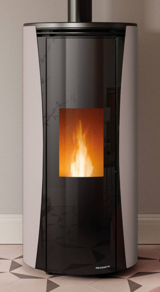 Palazzetti Vivi TC 9 US Stufa a Pellet Ermetica ad Aria Calda Ventilata Canalizzabile Potenza 9 Kw Rivestimento Acciaio Colore Tortora Forma Circolare Uscita Fumi Superiore Doppio Vetro Combustione Totale Pulizia Automatica Braciere Cassetto 52x52 H110 cm