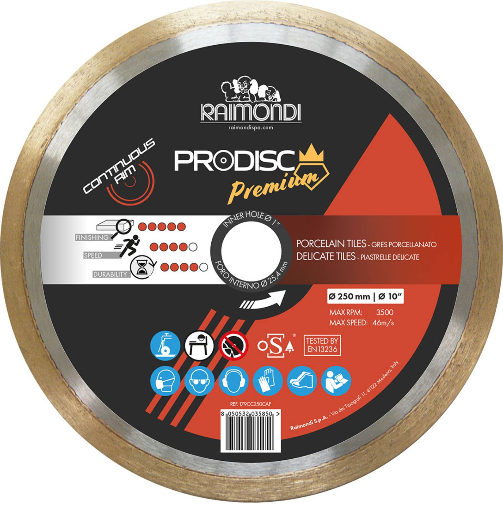 Raimondi 179CC250CAF Disco Diamantato a Corona Continua ad Alte Prestazioni Ideale per Gres Porcellanato e Piastrelle in Ceramica Con Superfici Delicate Per Segatrice Da Banco Da Usare Con Acqua Prodisc Premium Massimo RPM 3500 Diametro Ø 250 mm