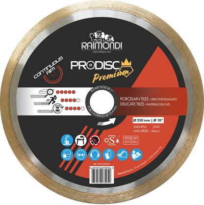 Raimondi 179CC250CAF Disco Diamantato a Corona Continua ad Alte Prestazioni Ideale per Gres Porcellanato e Piastrelle in Ceramica Con Superfici Delicate Per Segatrice Da Banco Da Usare Con Acqua Prodisc Premium Massimo RPM 3500 Diametro Ø 250 mm