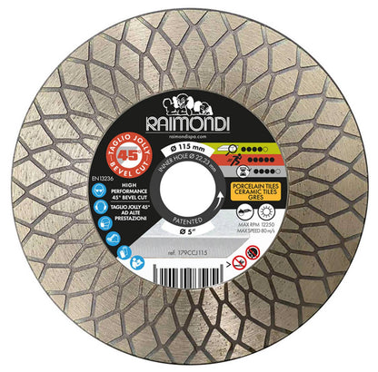 Raimondi Disco Diamantato 179CCJ115 Prodisc Premium Ad Alte Prestazioni Specifico Per Eseguire Taglio Jolly 45° Su Gres Porcellanato Pietre Sinterizzate Ceramica Per Smerigliatrice Da Usare Con Acqua Massimo RPM 12250 Diametro Ø 115 mm