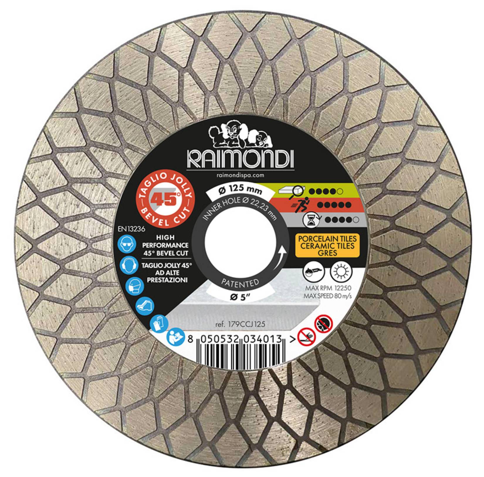 Raimondi Disco Diamantato 179CCJ125 Prodisc Premium Ad Alte Prestazioni Specifico Per Eseguire Taglio Jolly 45° Su Gres Porcellanato Pietre Sinterizzate Ceramica Per Smerigliatrice Da Usare Con Acqua Massimo RPM 12250 Diametro Ø 125 mm