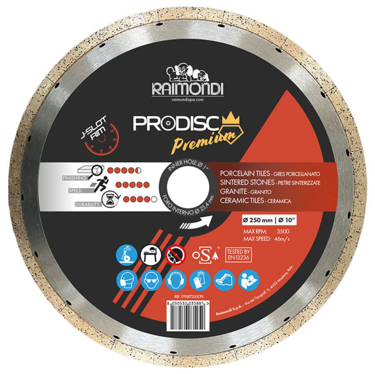 Raimondi 179SET250CFV Disco Diamantato a Settori Ravvicinati ad Alte Prestazioni Ideali per Ceramica Gres Porcellanato Pietre Sinterizzate Granito Segatrice Prodisc Premium Massimo RPM 3500 Diametro Ø 250 mm