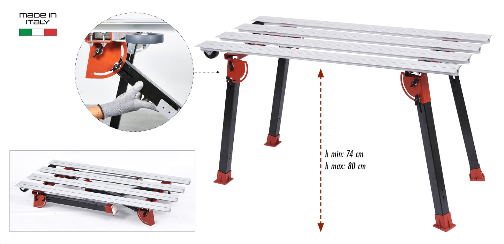 Raimondi BIGFOOT M 394MB00M01R Banco Di Lavoro Dotato di Gambe Pieghevoli Ruote Struttura Acciaio Profilati Alluminio Anodizzato Registrabili Robusto Stabile Dimensioni 135x63 cm Altezza Regolabile da 74 a 80 cm Portata Massima 60 Kg