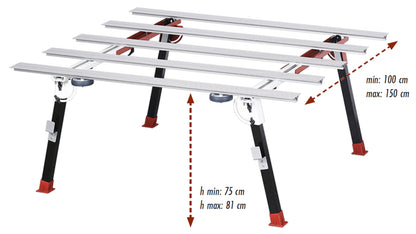 Raimondi BIGFOOT XXL 394MBXXL01R Banco Di Lavoro Modulare Dotato di Gambe Pieghevoli Piedi Ruote Ganci Supporto Struttura Acciaio Profili Alluminio Anodizzato Robusto Stabile Misura Piano 170x100-150 cm Altezza Regolabile 75-81 cm Portata Massima 150 Kg